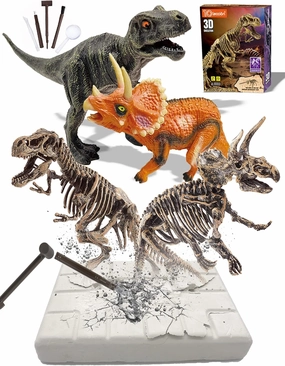 Fossil Dig Kit for Kids - Educational Science Kits With 2 3D Skeleton Puzzles and 2 Dinosaur Figures Including T-Rex, Triceratops - Dino Excavation Toys