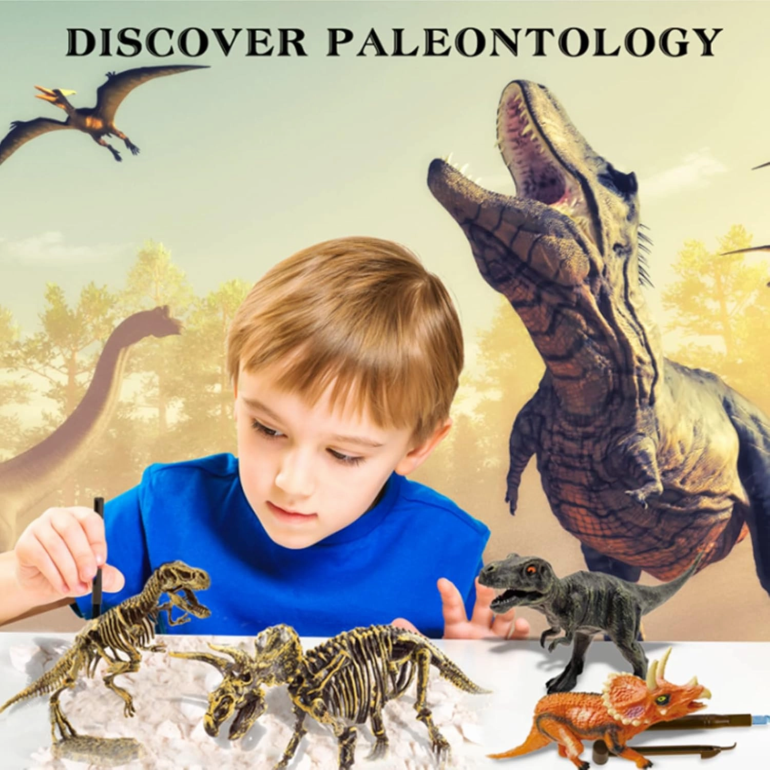 Fossil Dig Kit for Kids - Educational Science Kits With 2 3D Skeleton Puzzles and 2 Dinosaur Figures Including T-Rex, Triceratops - Dino Excavation Toys
