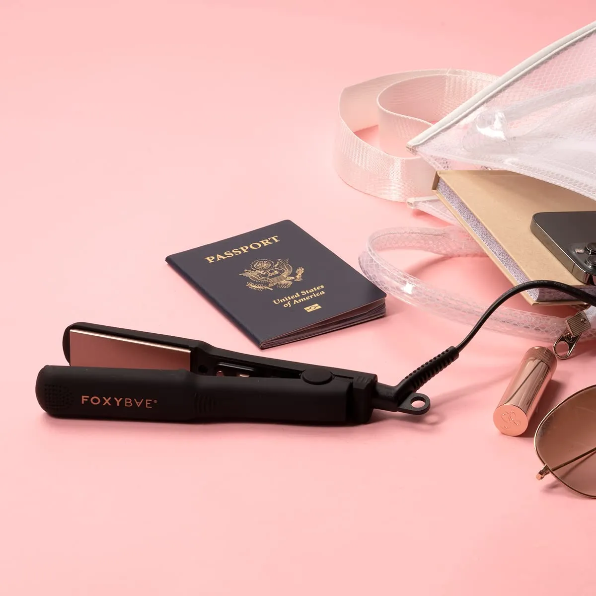 FoxyBae Mini Flat Iron for Travel Dual Voltage Hair Straightener - Frizz-free, Healthy Sleek & Shiny Hair - Small (Black Rose-Gold)