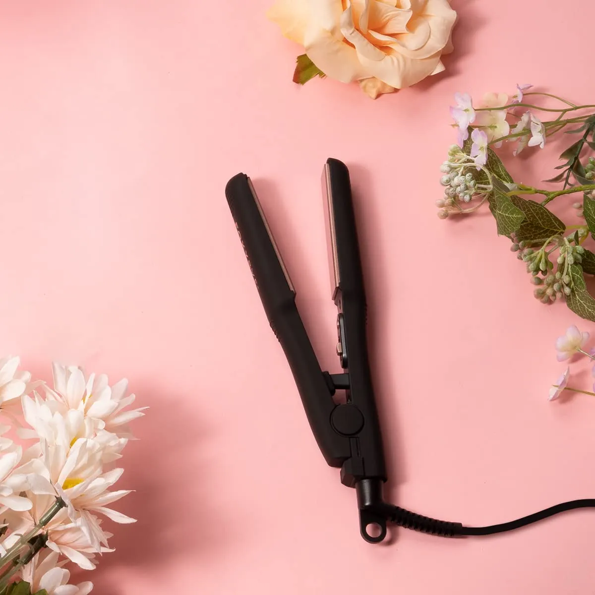 FoxyBae Mini Flat Iron for Travel Dual Voltage Hair Straightener - Frizz-free, Healthy Sleek & Shiny Hair - Small (Black Rose-Gold)