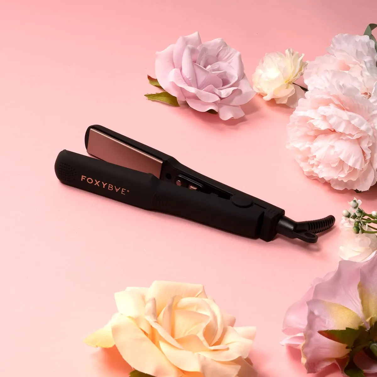 FoxyBae Mini Flat Iron for Travel Dual Voltage Hair Straightener - Frizz-free, Healthy Sleek & Shiny Hair - Small (Black Rose-Gold)