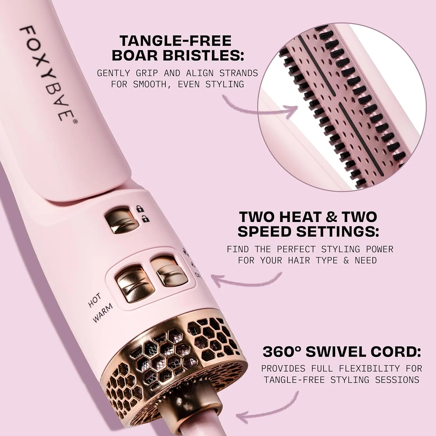 FoxyBae Wet-to-Slay 2-in-1 Hot Air Styler - Ceramic Dryer & Straightener - Fast Styling - Boar Hair Bristles - Ionic & Tourmaline Tech - Anti-Frizz & Less Heat Damage - 98°F - 257°F Temp (Blush)