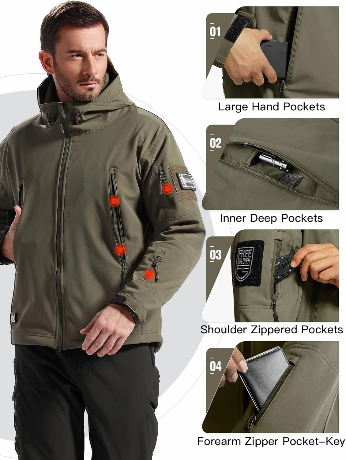 FREE SOLDIER Men's Outdoor Waterproof Soft Shell Hooded Military Tactical Jacket