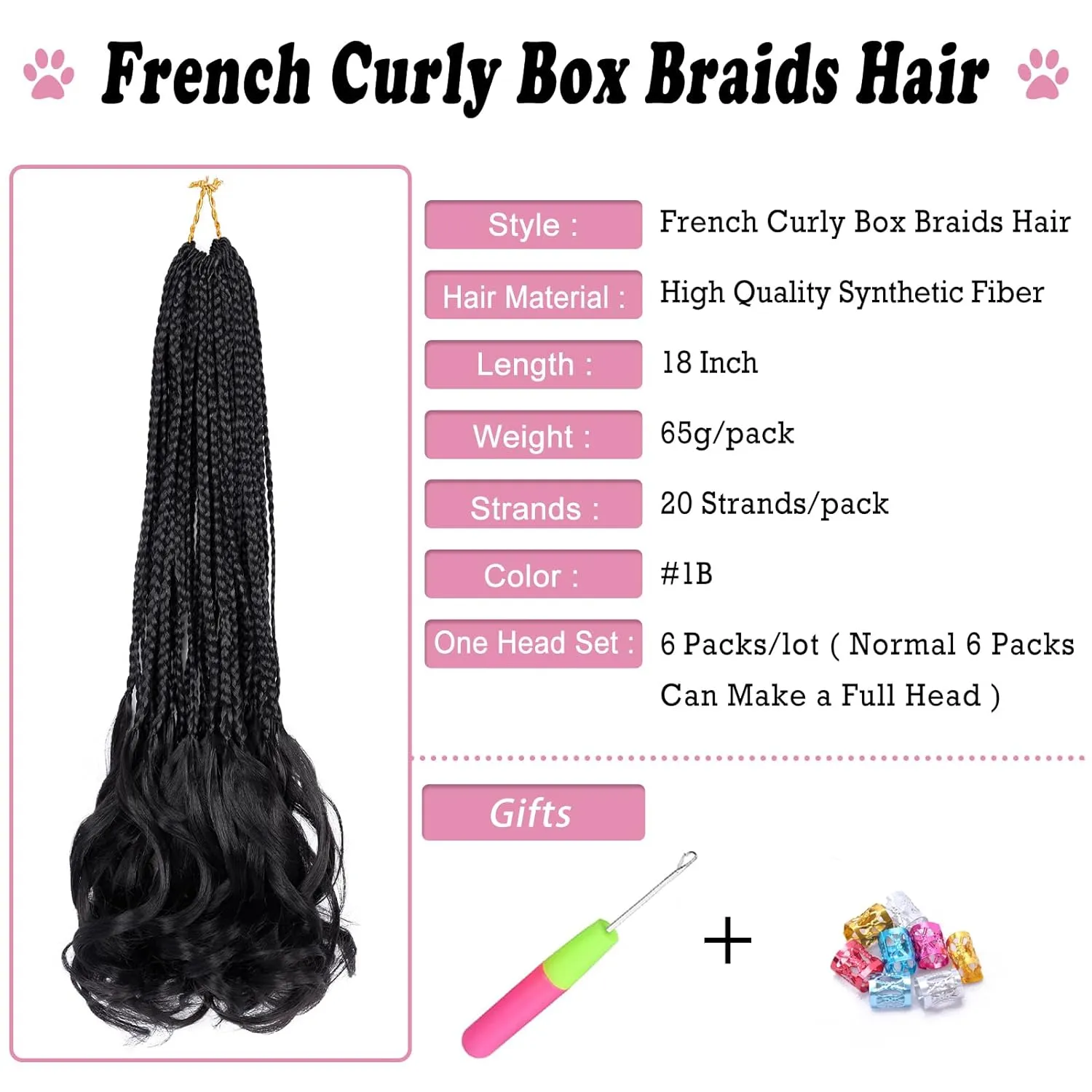 French Curl Crochet Braids 18 Inch 6 Packs Goddess Box Braids Crochet Hair Pre Looped French Curly Braiding Hair Crochet Box Braids With Curly Wavy Ends Synthetic Hair Extensions (#1B)