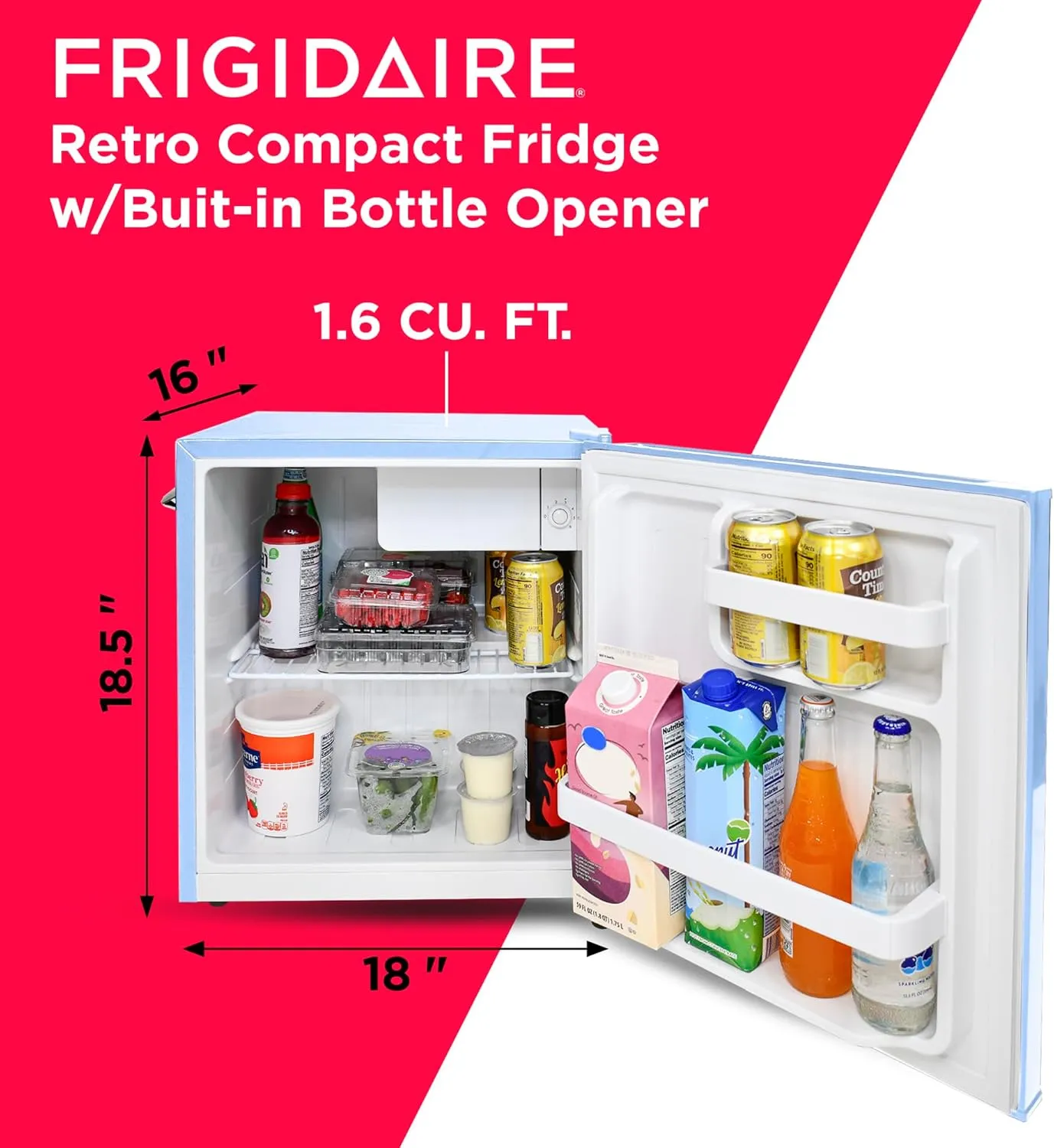 Frigidaire EFR176 Retro Compact Fridge with Chiller Mini Refrigerator with Built-in Bottle Opener for Office, Bedroom, Dorm Room or Cabin, 1.6 cu ft 16" D x 18" W x 18.5" H, Blue