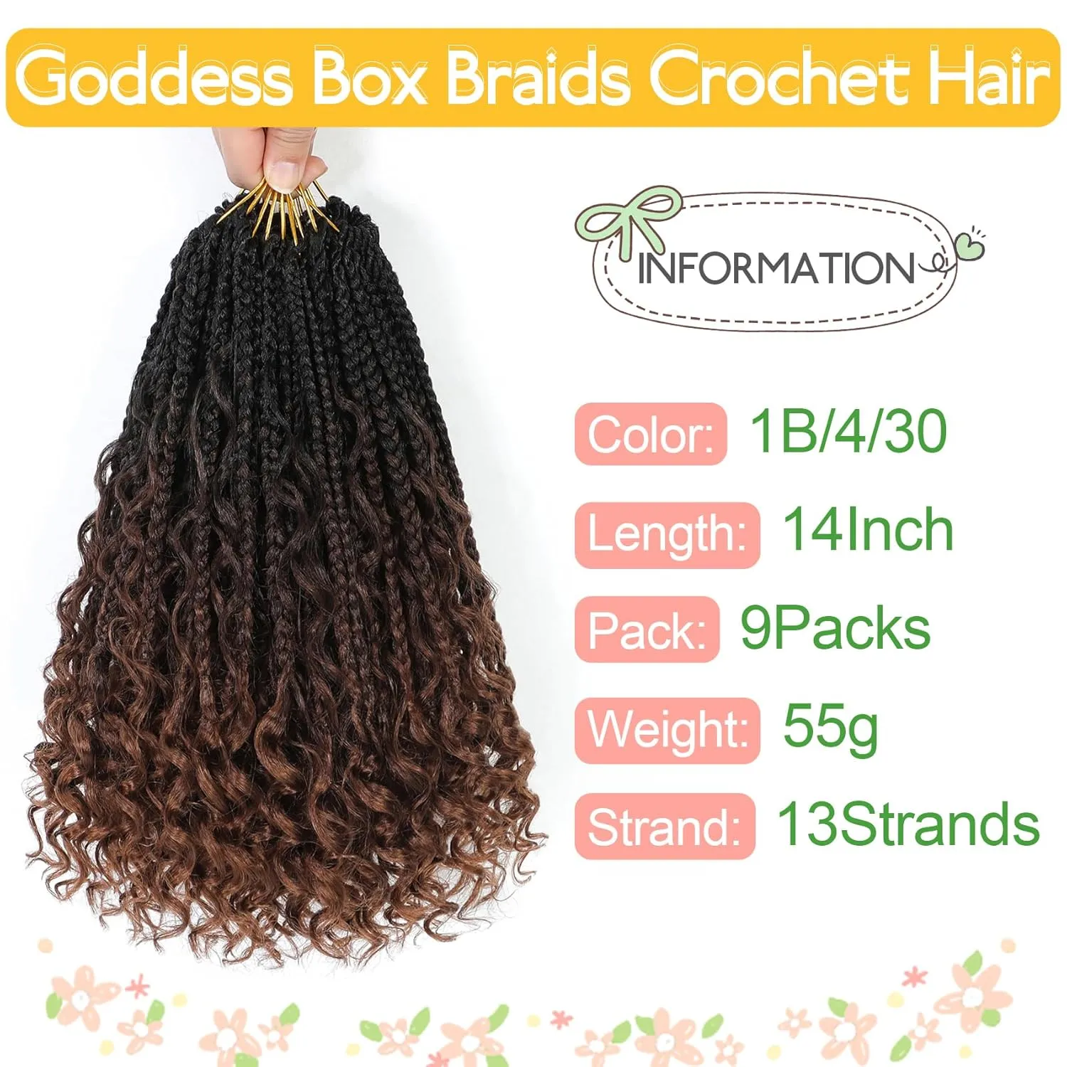 Fulcrum Goddess Box Braids Crochet Hair, 14 Inch, 9 Packs, 13 Strands/Pack, Curly Ends, Brown, Synthetic, Sew-In Installation