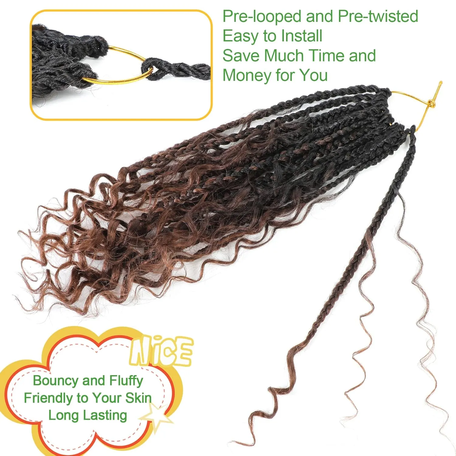Fulcrum Goddess Box Braids Crochet Hair, 14 Inch, 9 Packs, 13 Strands/Pack, Curly Ends, Brown, Synthetic, Sew-In Installation