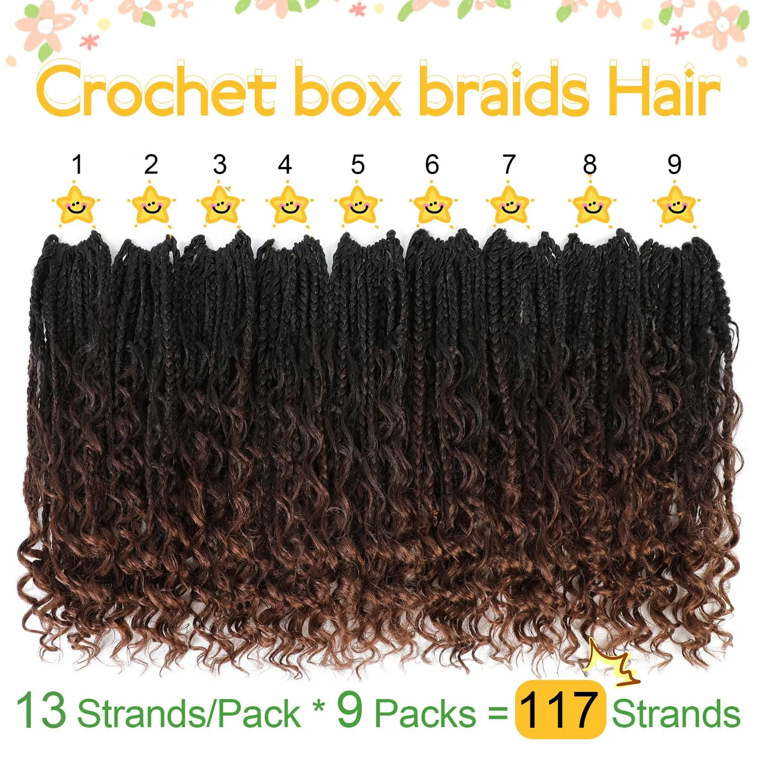 Fulcrum Goddess Box Braids Crochet Hair, 14 Inch, 9 Packs, 13 Strands/Pack, Curly Ends, Brown, Synthetic, Sew-In Installation