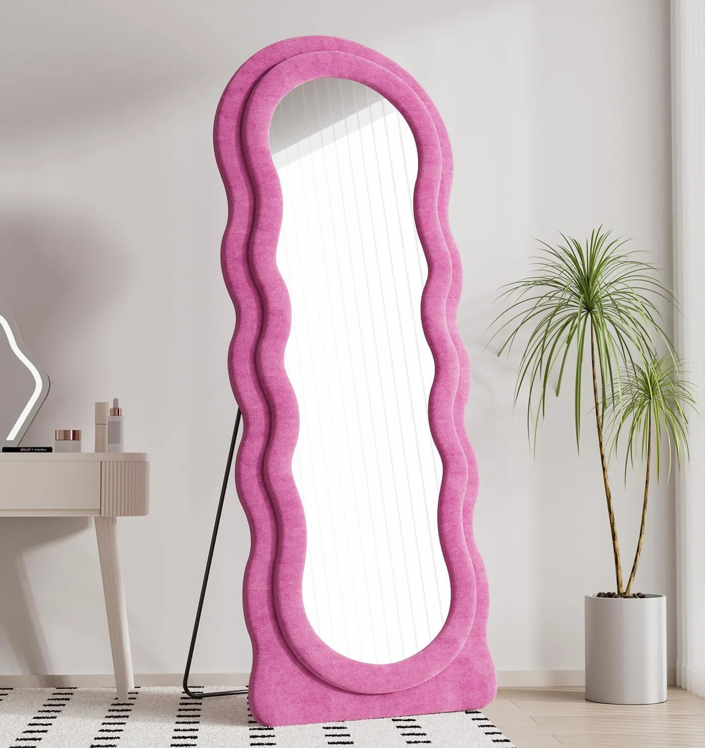 Full Length Mirror, 63" x 24" Irregular Wavy Mirror, Large Floor Length Mirrors Wall Mounted, Standing Wavy Mirrors with Flannel Wrapped Wooden Frame for Bedroom/Living Room, Hot Pink