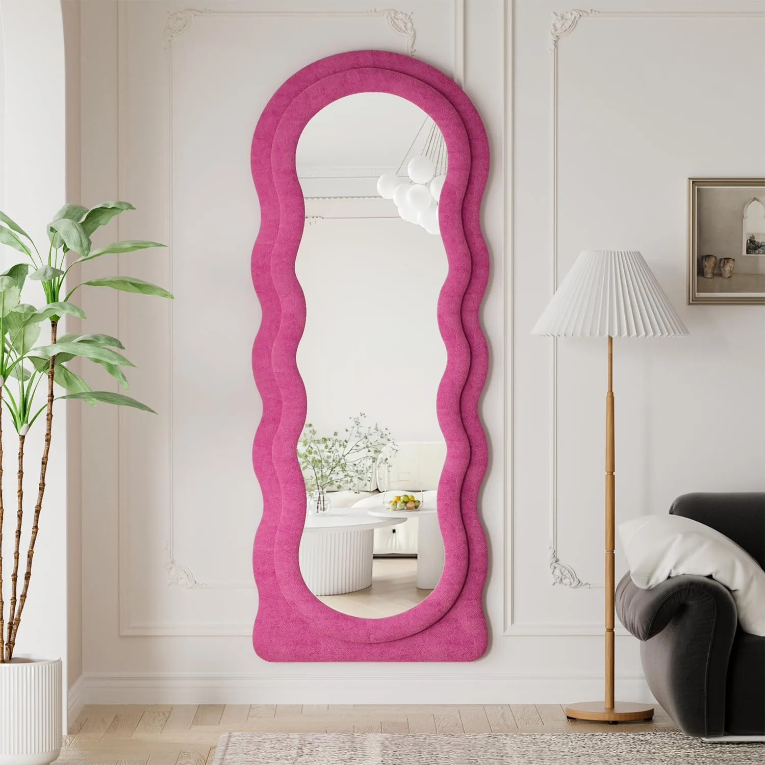 Full Length Mirror, 63" x 24" Irregular Wavy Mirror, Large Floor Length Mirrors Wall Mounted, Standing Wavy Mirrors with Flannel Wrapped Wooden Frame for Bedroom/Living Room, Hot Pink