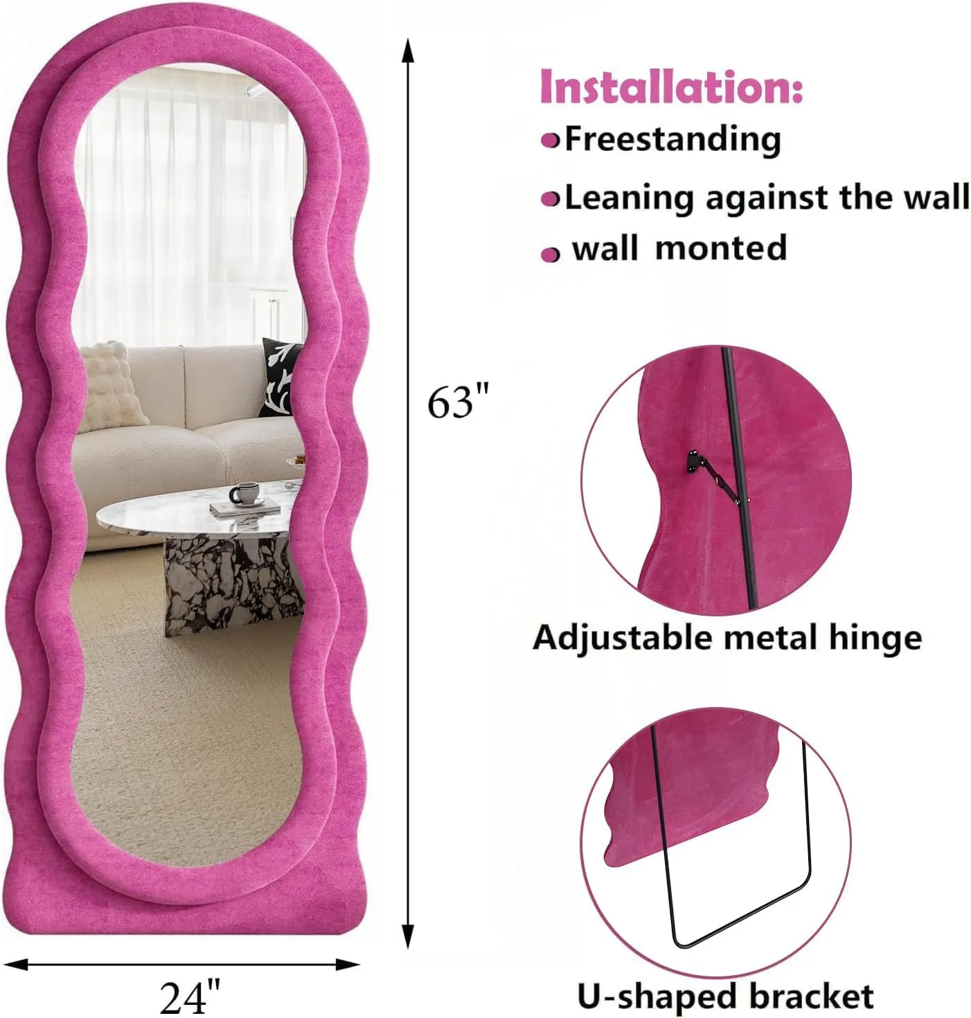 Full Length Mirror, 63" x 24" Irregular Wavy Mirror, Large Floor Length Mirrors Wall Mounted, Standing Wavy Mirrors with Flannel Wrapped Wooden Frame for Bedroom/Living Room, Hot Pink