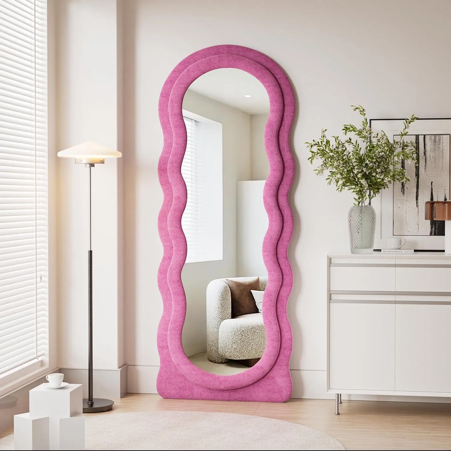 Full Length Mirror, 63" x 24" Irregular Wavy Mirror, Large Floor Length Mirrors Wall Mounted, Standing Wavy Mirrors with Flannel Wrapped Wooden Frame for Bedroom/Living Room, Hot Pink