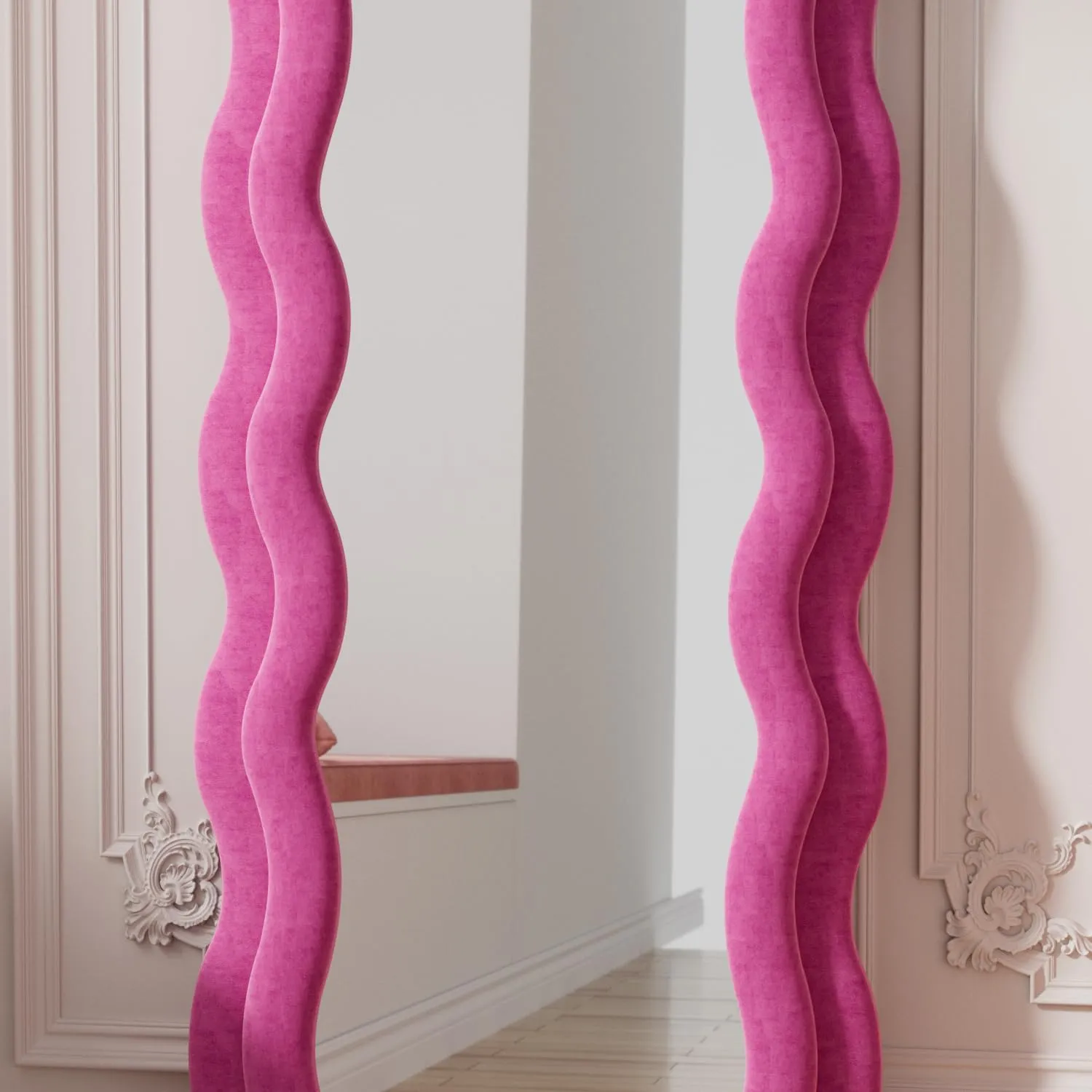 Full Length Mirror, 63" x 24" Irregular Wavy Mirror, Large Floor Length Mirrors Wall Mounted, Standing Wavy Mirrors with Flannel Wrapped Wooden Frame for Bedroom/Living Room, Hot Pink