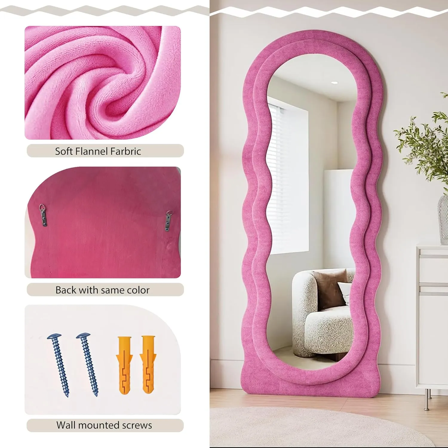Full Length Mirror, 63" x 24" Irregular Wavy Mirror, Large Floor Length Mirrors Wall Mounted, Standing Wavy Mirrors with Flannel Wrapped Wooden Frame for Bedroom/Living Room, Hot Pink