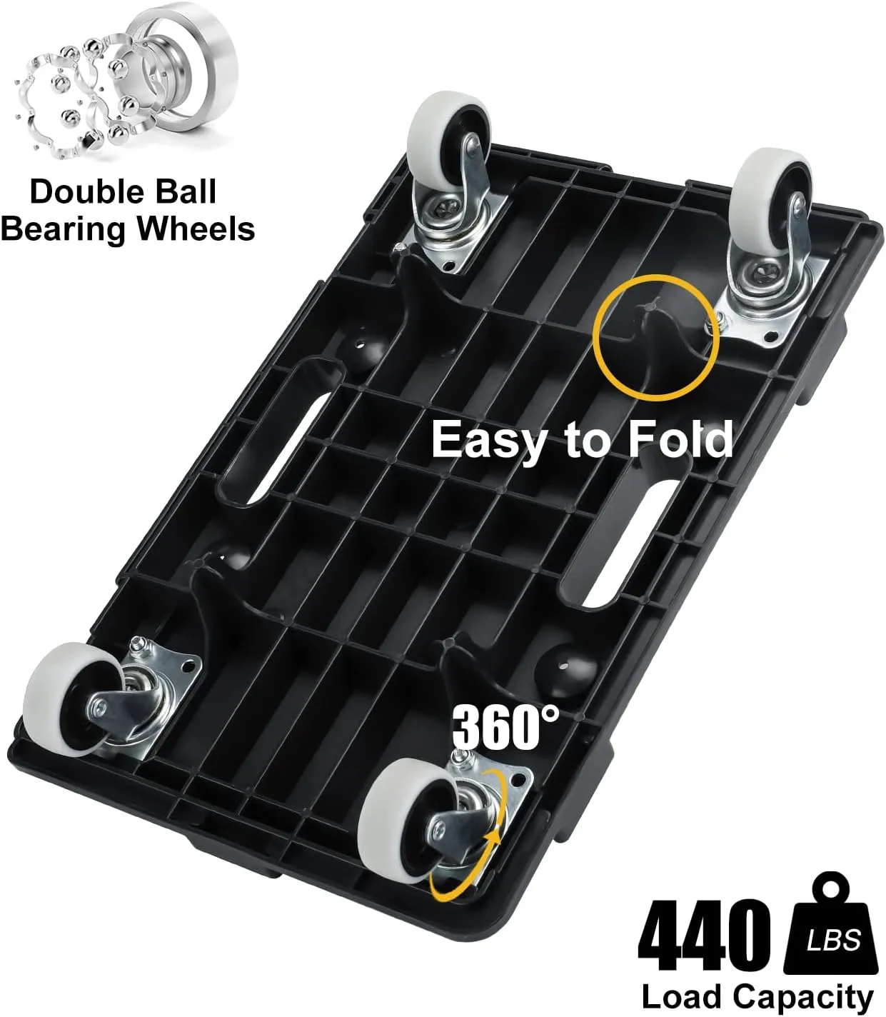 Furniture Movers with Wheels, Portable Moving Rollers Leg Dollies for Heavy Furniture, 4 Wheels Small Flat Dolly, 440 Lbs Capacity, 2 Pack, Black