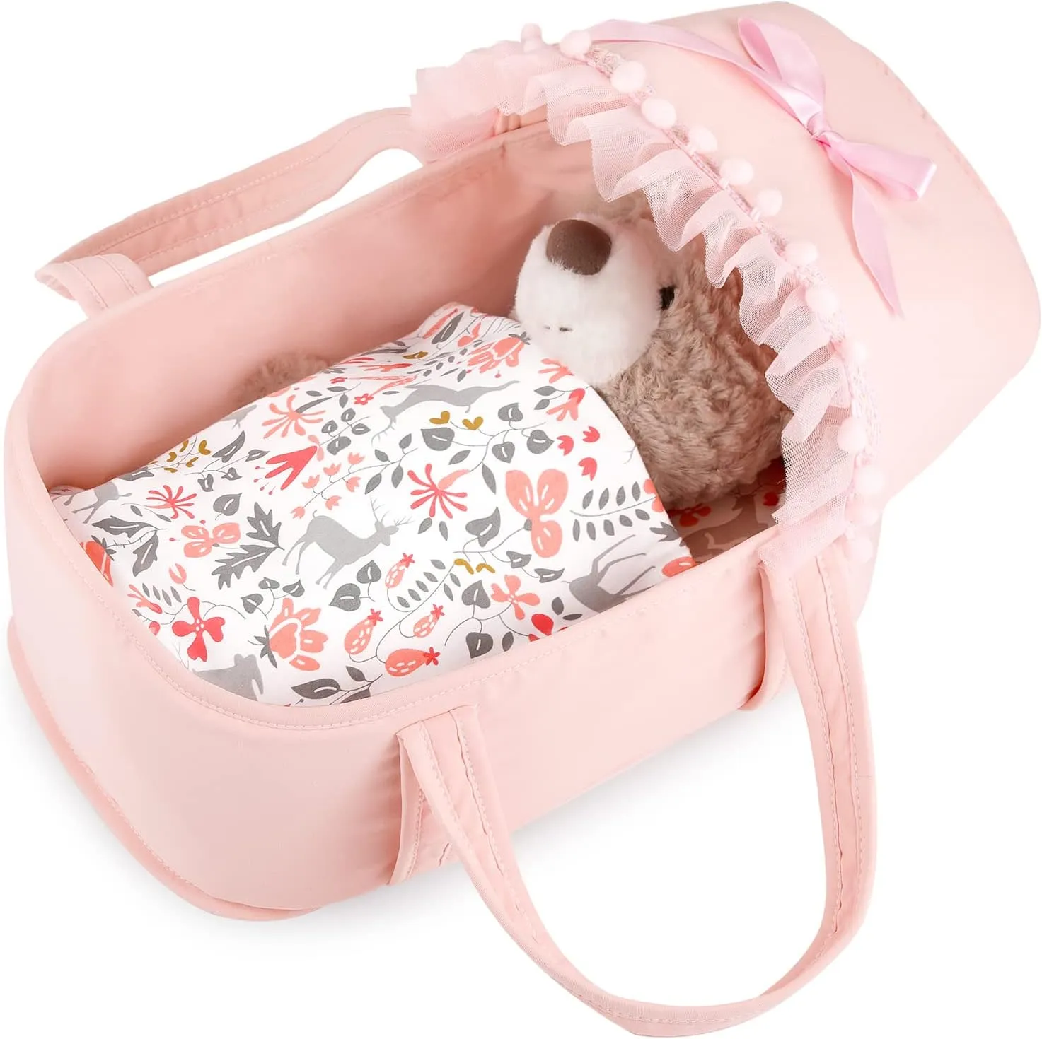 GAGAKU Baby Doll Bassinet, Doll Carrier Doll Carry Cot Set with Canopy and Pillow Blanket for 9 10 11 12 Inch Dolls Stuffed Animals - Pink