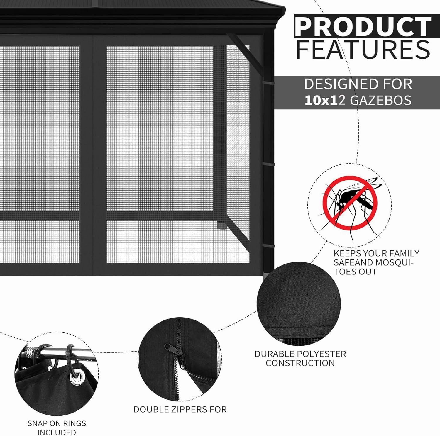 Gazebo Universal Replacement Mosquito Netting, 10' x 12' Outdoor Mesh Netting Screen 4-Panel Sidewall with Zipper for Patio Canopy Garden Porch Pergolas and Backyard, Black(Mosquito Net Only)