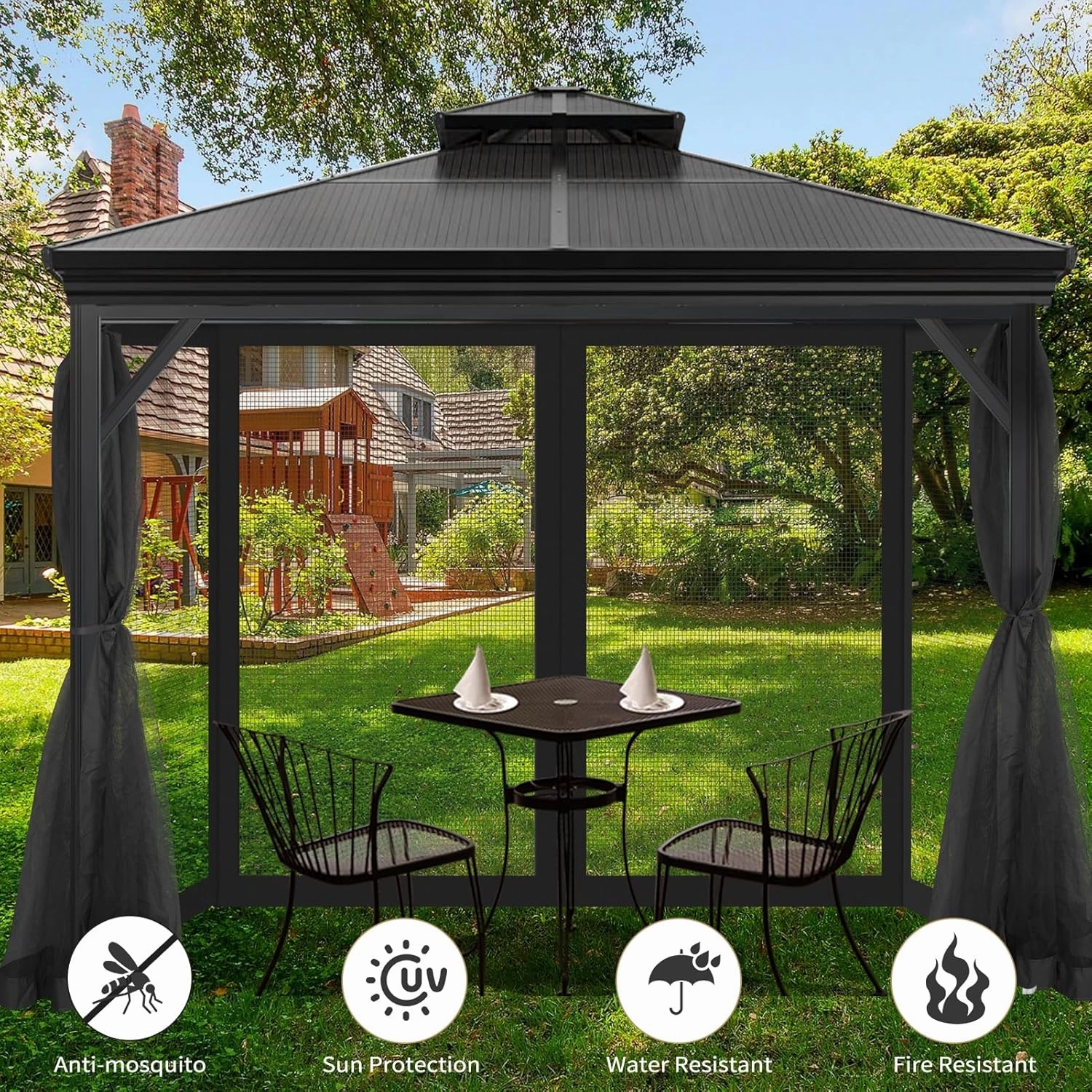Gazebo Universal Replacement Mosquito Netting, 10' x 12' Outdoor Mesh Netting Screen 4-Panel Sidewall with Zipper for Patio Canopy Garden Porch Pergolas and Backyard, Black(Mosquito Net Only)