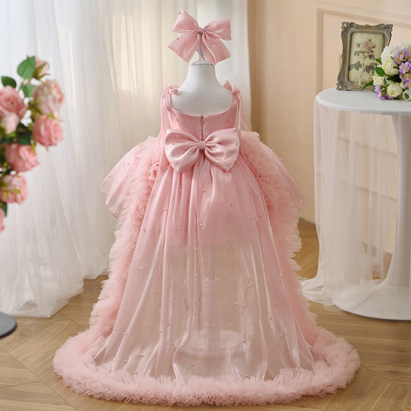 Girls Pearl Big Bow Tail Princess Dress Baby Birthday Dress Wedding Flower Girl Dress