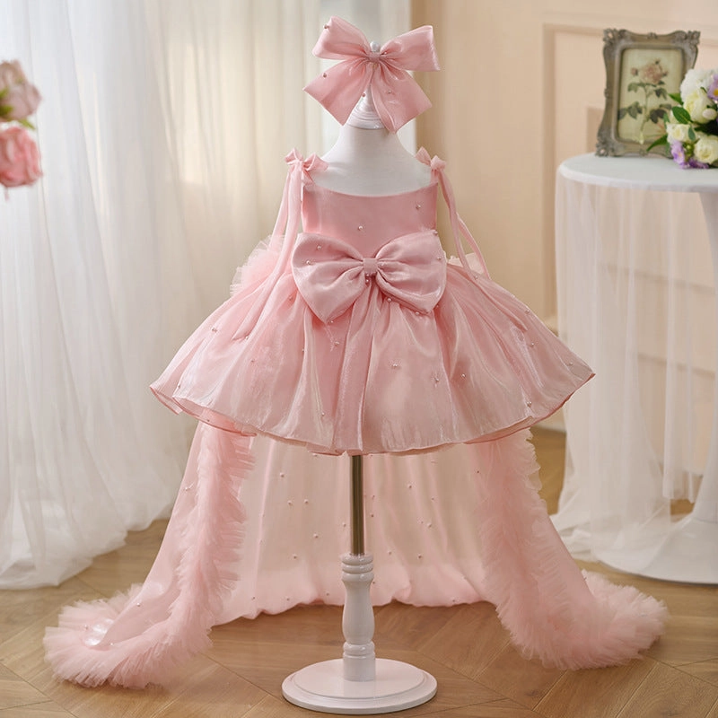 Girls Pearl Big Bow Tail Princess Dress Baby Birthday Dress Wedding Flower Girl Dress