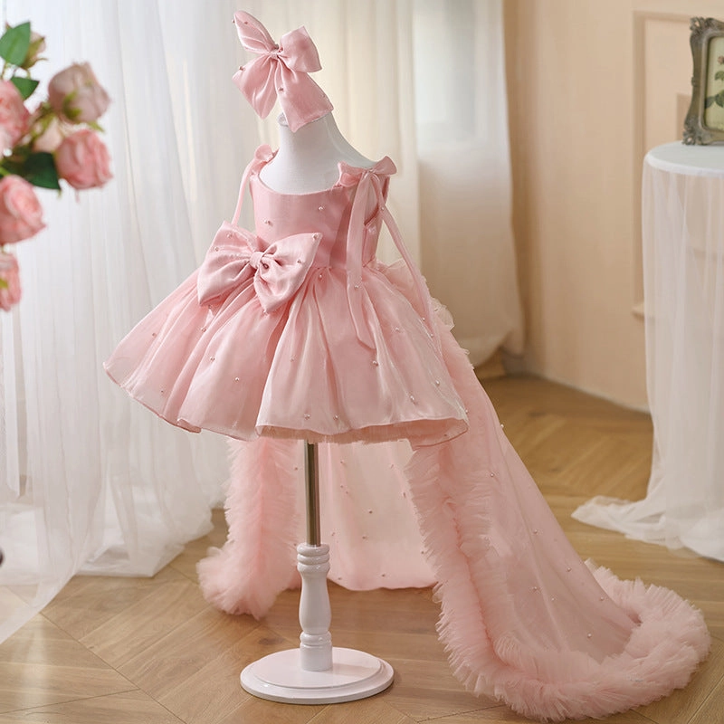 Girls Pearl Big Bow Tail Princess Dress Baby Birthday Dress Wedding Flower Girl Dress