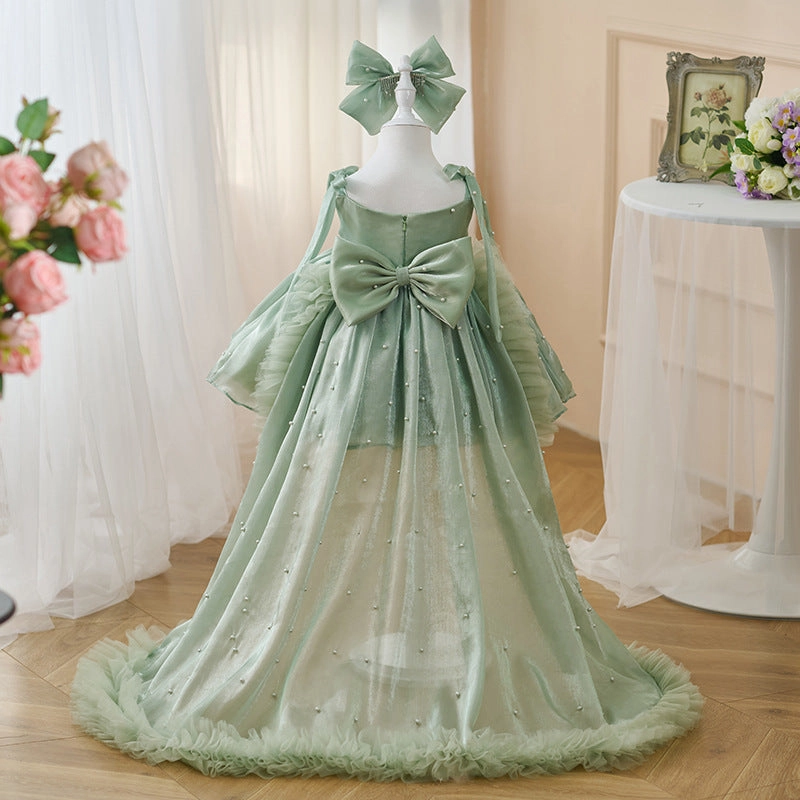 Girls Pearl Big Bow Tail Princess Dress Baby Birthday Dress Wedding Flower Girl Dress