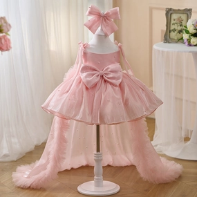 Girls Pearl Big Bow Tail Princess Dress Baby Birthday Dress Wedding Flower Girl Dress
