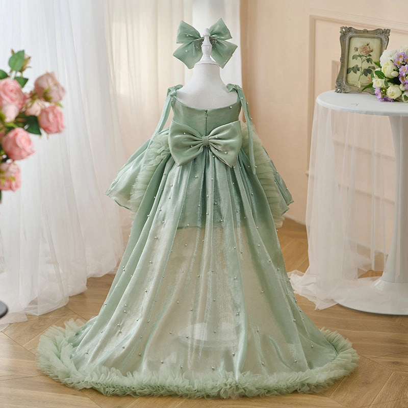 Girls Pearl Big Bow Tail Princess Dress Baby Birthday Dress Wedding Flower Girl Dress