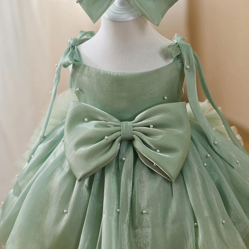 Girls Pearl Big Bow Tail Princess Dress Baby Birthday Dress Wedding Flower Girl Dress