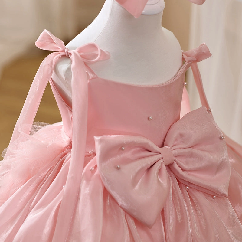 Girls Pearl Big Bow Tail Princess Dress Baby Birthday Dress Wedding Flower Girl Dress