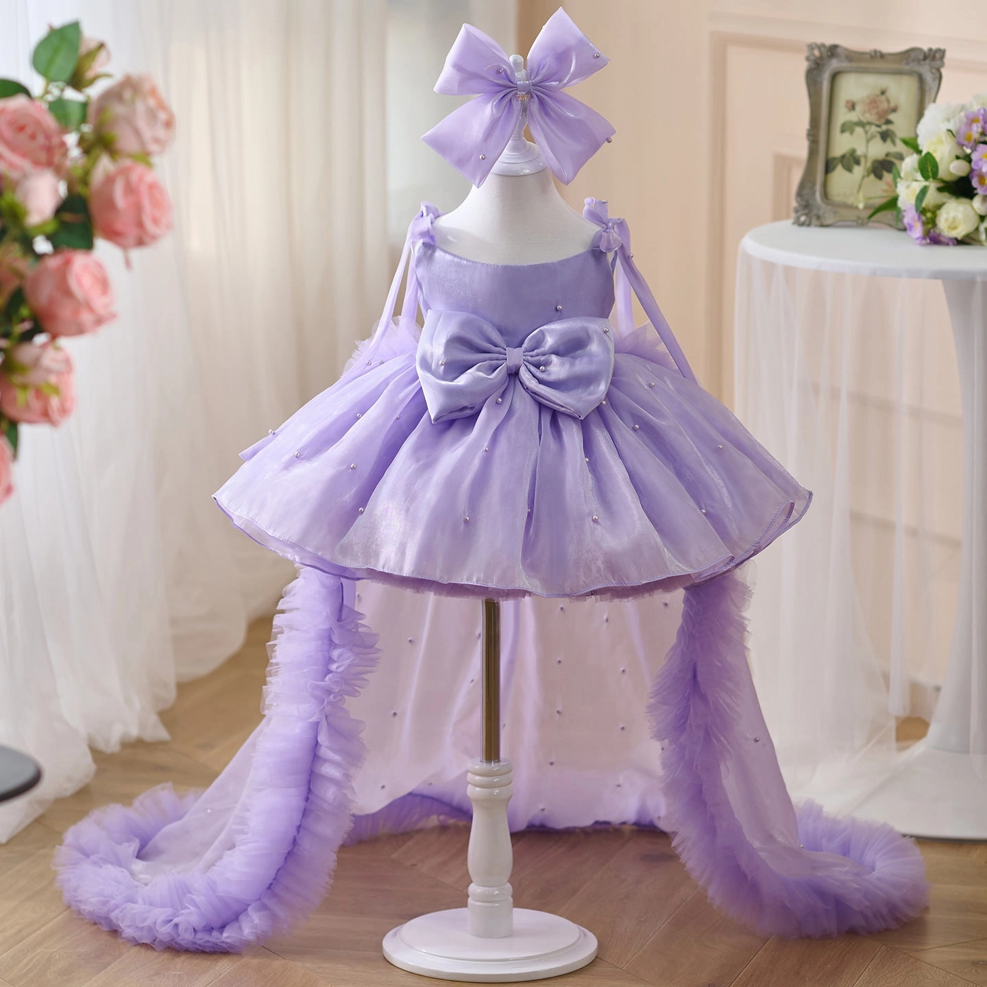 Girls Pearl Big Bow Tail Princess Dress Baby Birthday Dress Wedding Flower Girl Dress
