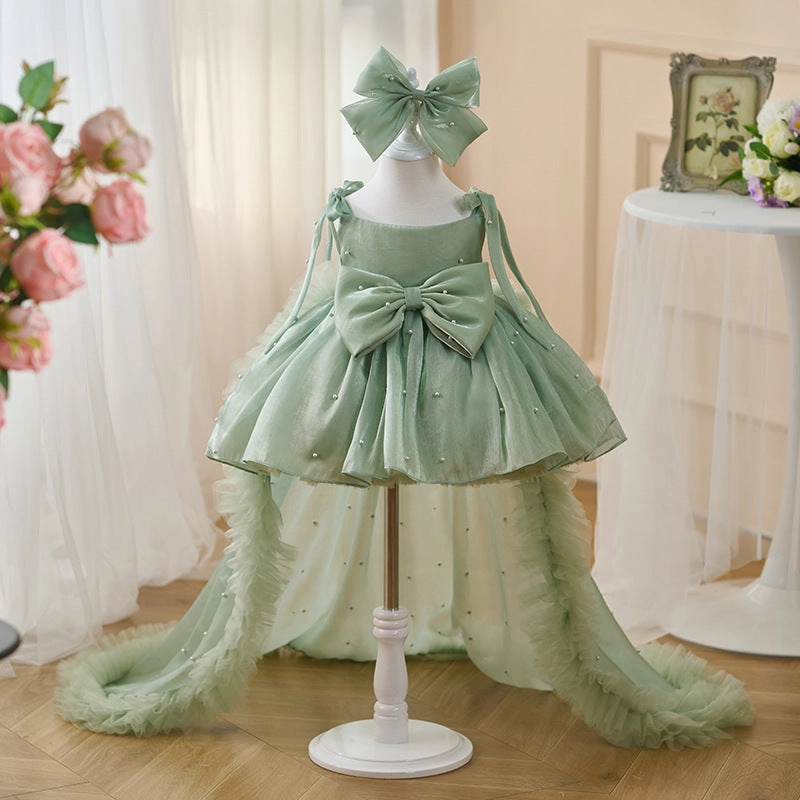 Girls Pearl Big Bow Tail Princess Dress Baby Birthday Dress Wedding Flower Girl Dress