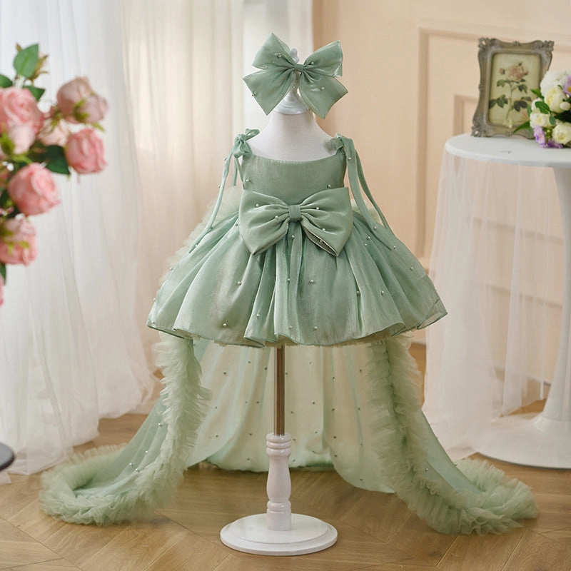 Girls Pearl Big Bow Tail Princess Dress Baby Birthday Dress Wedding Flower Girl Dress