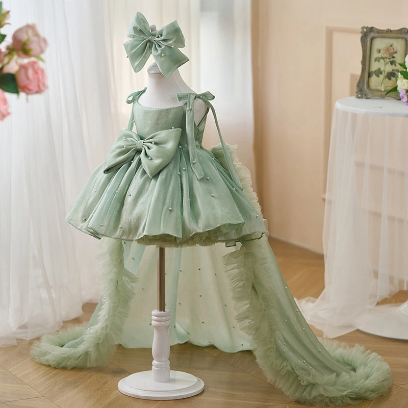 Girls Pearl Big Bow Tail Princess Dress Baby Birthday Dress Wedding Flower Girl Dress