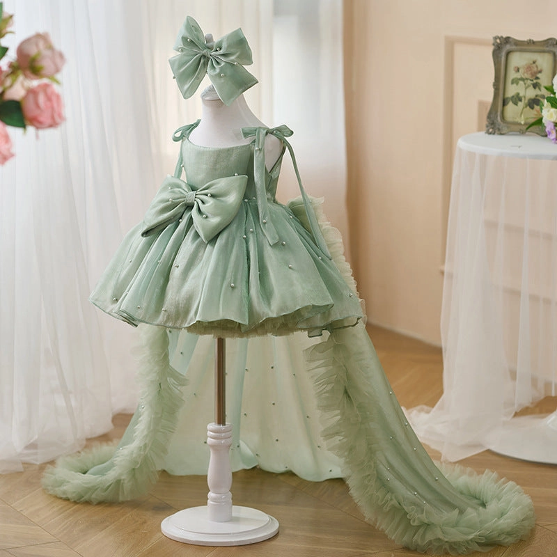 Girls Pearl Big Bow Tail Princess Dress Baby Birthday Dress Wedding Flower Girl Dress