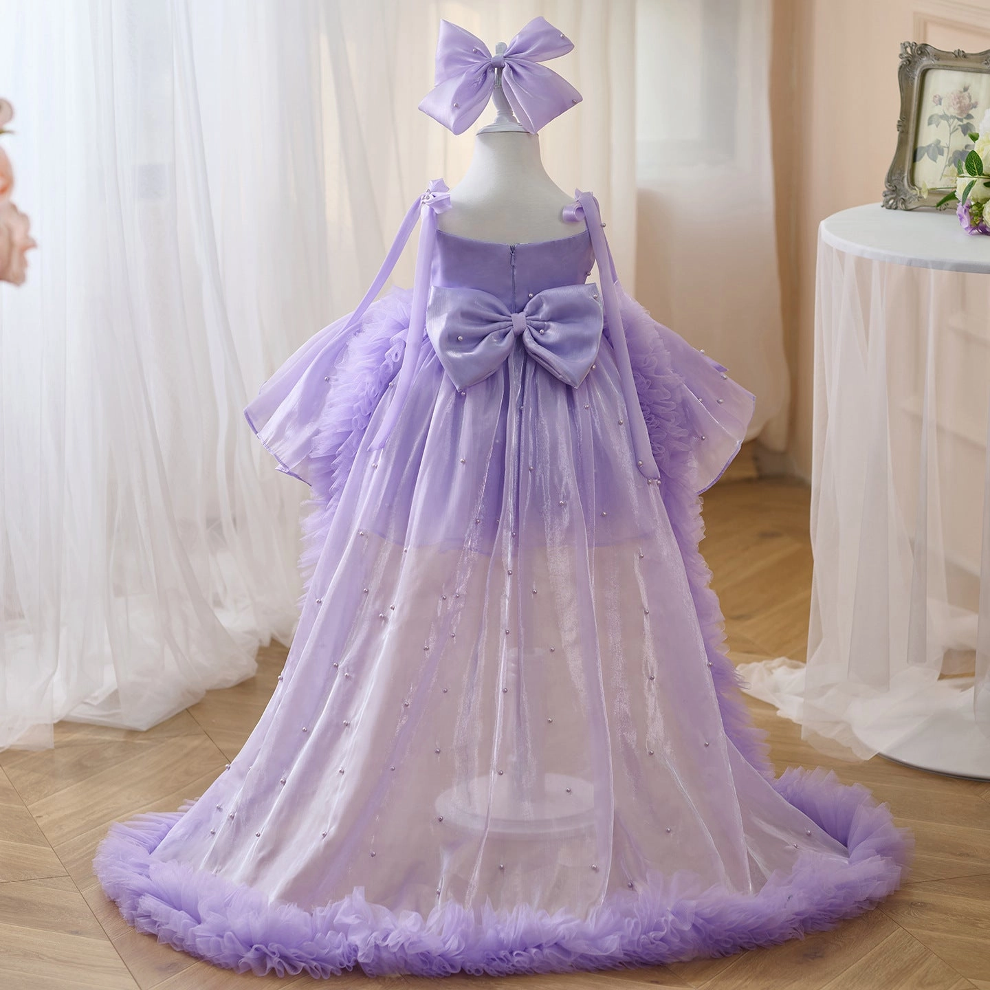Girls Pearl Big Bow Tail Princess Dress Baby Birthday Dress Wedding Flower Girl Dress