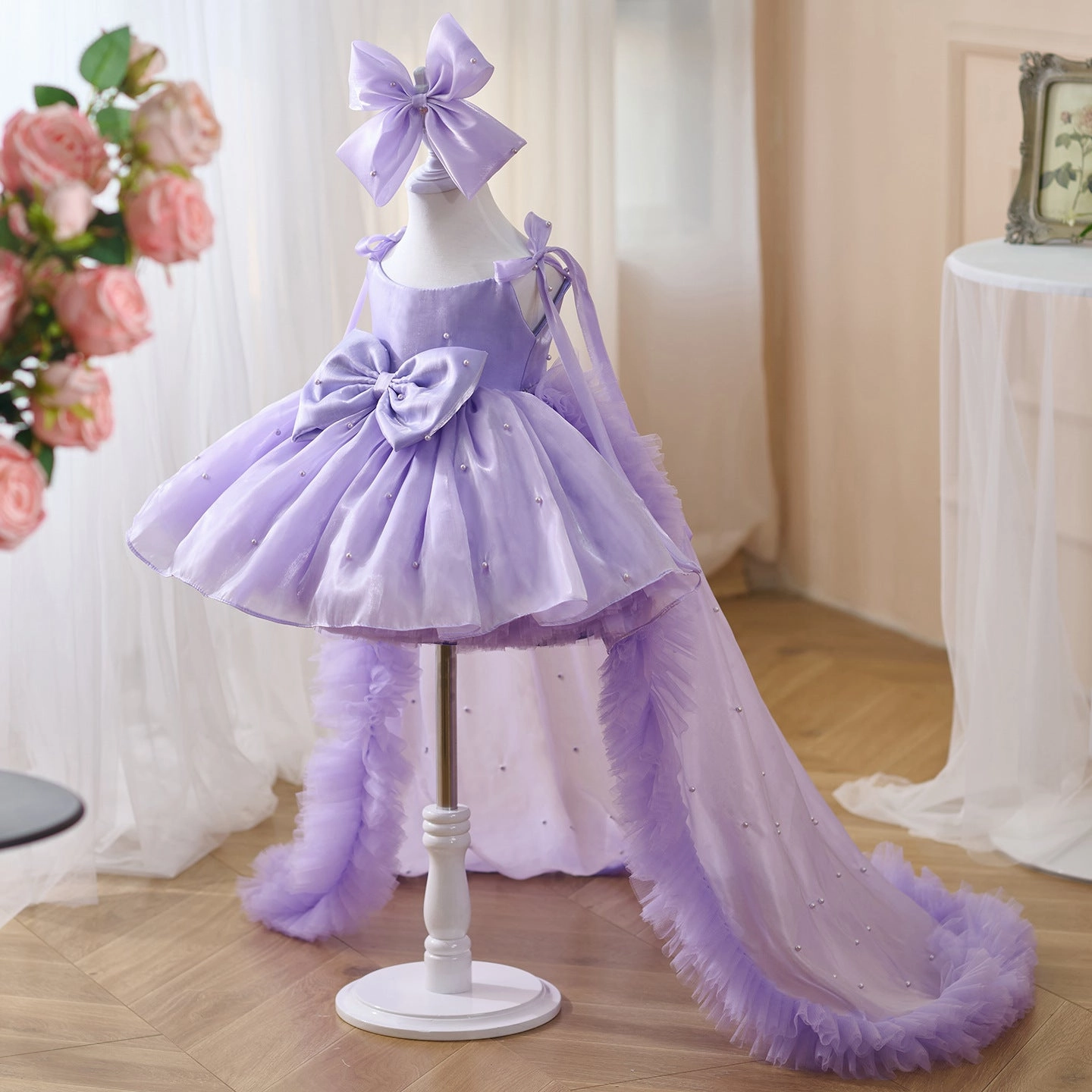 Girls Pearl Big Bow Tail Princess Dress Baby Birthday Dress Wedding Flower Girl Dress