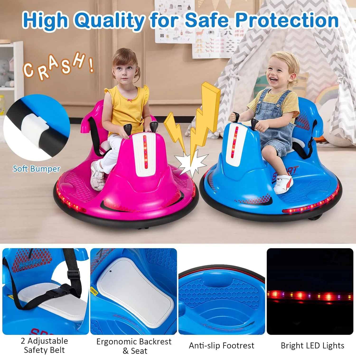 GLACER Electric Ride on Bumper Car, 12 V Soft Bumper w/2 Driving Modes, Music & LED, Adjustable Safety Belt, 360° Spin, Slow Start Function, Kids Bumper Car for 37-95 Months Old Baby Toddlers (Blue)