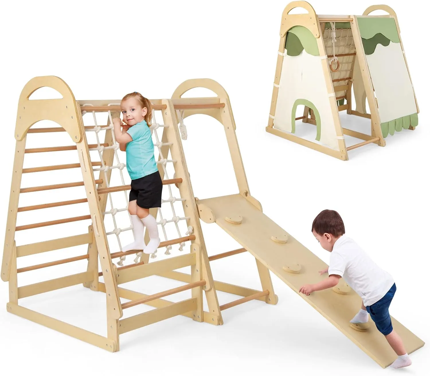 GLACER Indoor Playground, 7-in-1 Toddler Montessori Climbing Toys Playset w/Removable Tent, Slide, Climbing Rock, Net & Ladder, Monkey Bars, Gymnastic Rings, Wooden Indoor Jungle Gym for Kids