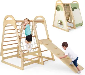 GLACER Indoor Playground, 7-in-1 Toddler Montessori Climbing Toys Playset w/Removable Tent, Slide, Climbing Rock, Net & Ladder, Monkey Bars, Gymnastic Rings, Wooden Indoor Jungle Gym for Kids