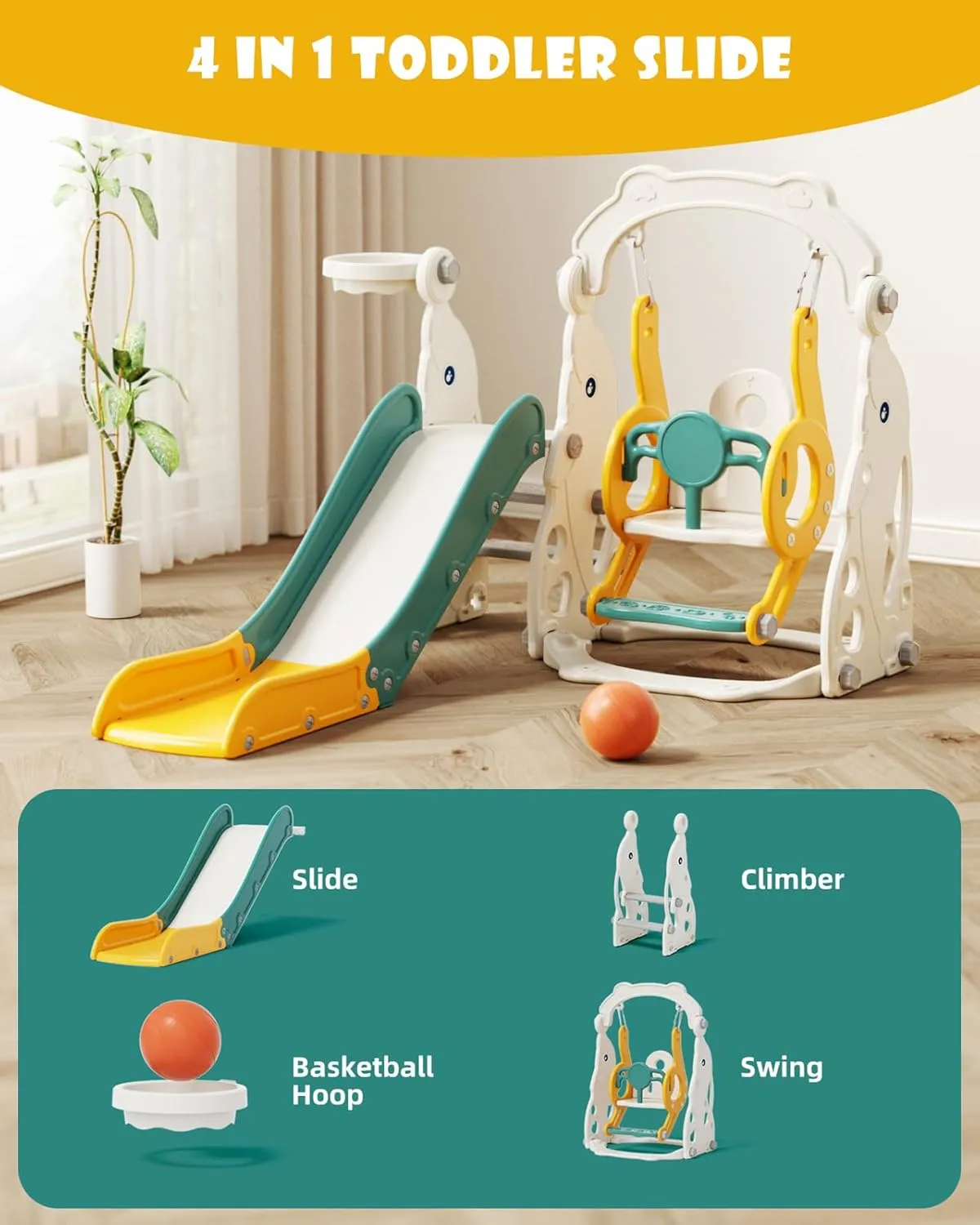 Glaf 4 in 1 Toddler Slide and Swing Set Kids Slide for Toddlers 1-3 Outdoor Playset Indoor Playground Baby Climber Toys with Basketball Hoop (Green)