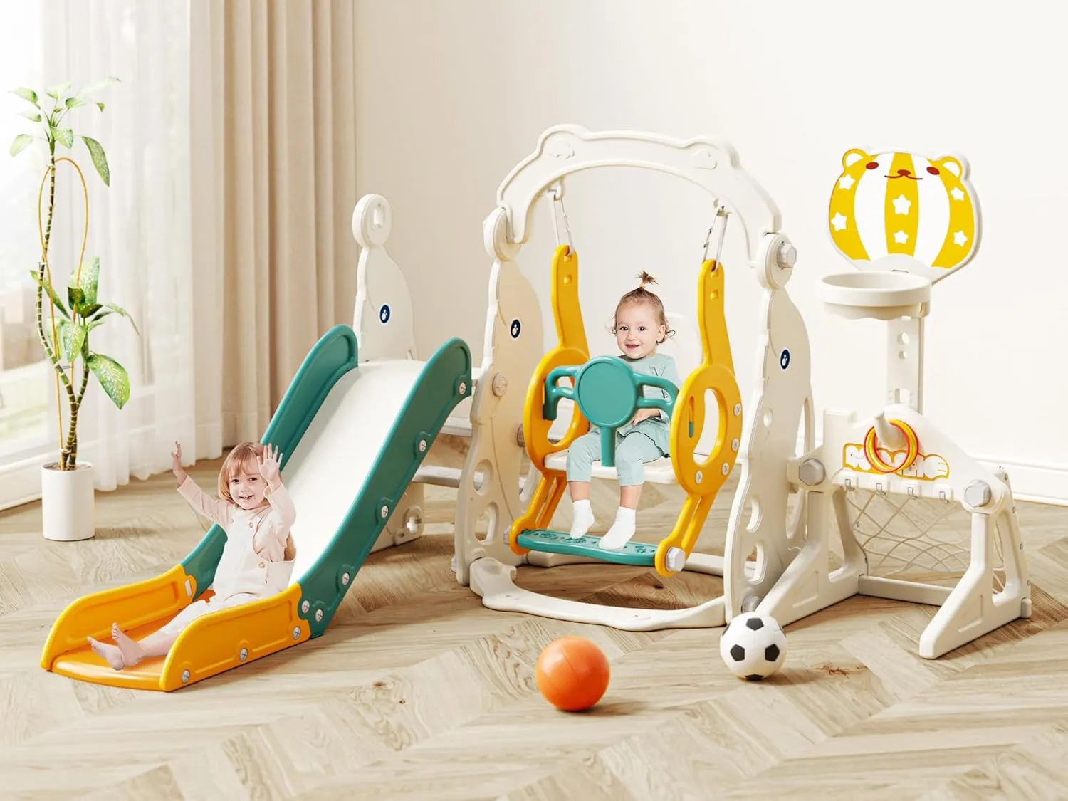 Glaf 6 in 1 Toddler Slide and Swing Set Kids Slide for Toddlers 1-3 Outdoor Playset Indoor Playground Baby Climber Toys with Basketball Hoop (Green with Goal)