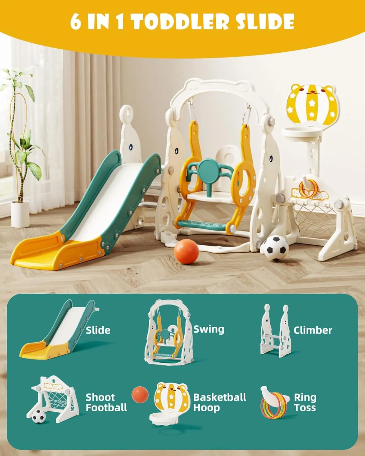Glaf 6 in 1 Toddler Slide and Swing Set Kids Slide for Toddlers 1-3 Outdoor Playset Indoor Playground Baby Climber Toys with Basketball Hoop (Green with Goal)