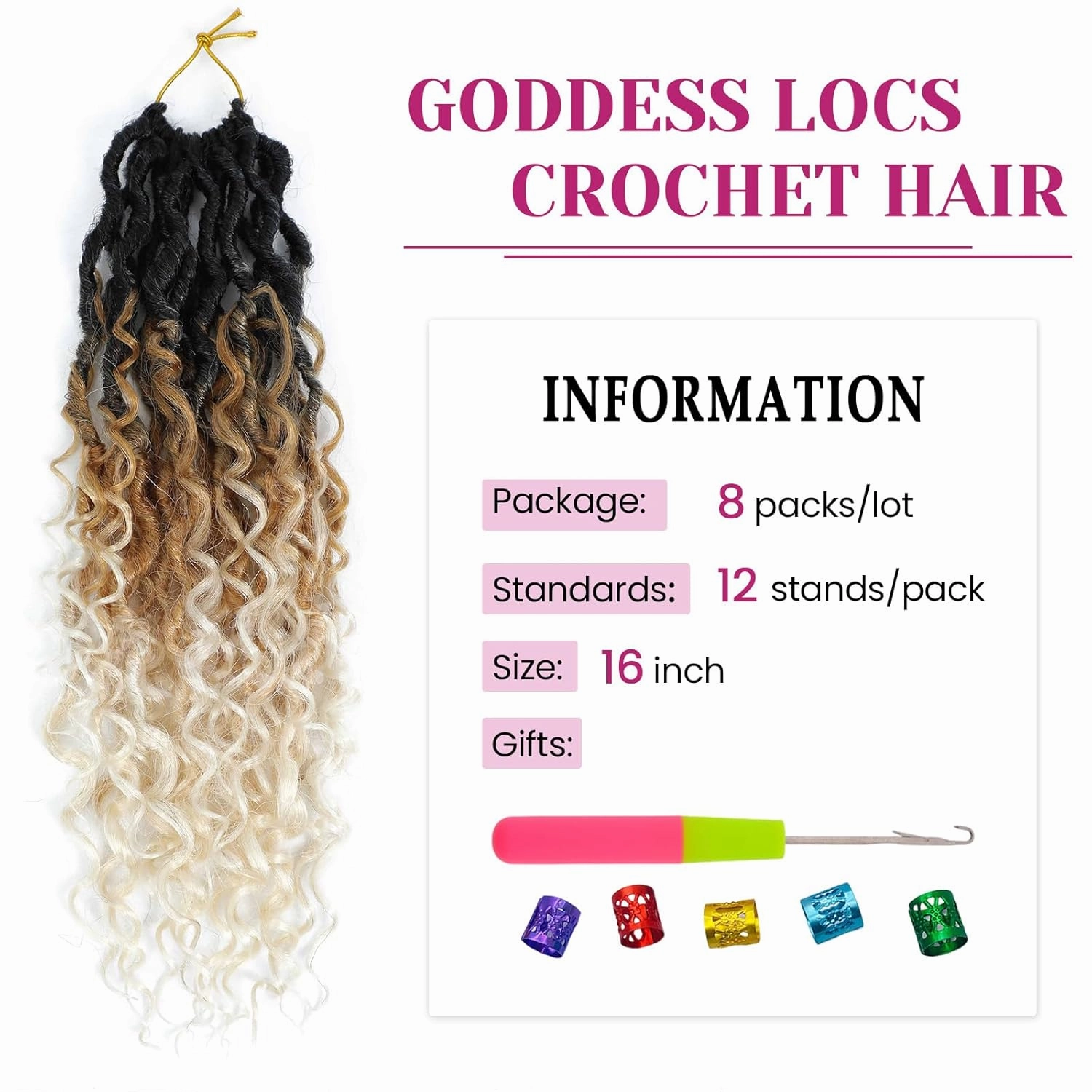 Goddess Locs Crochet Hair 16 Inch 8 Packs Boho Faux Locs Crochet Hair For Black Women Soft Crochet Locs Synthetic Hippie Locs Pre Looped Crochet Braids Curly Ends