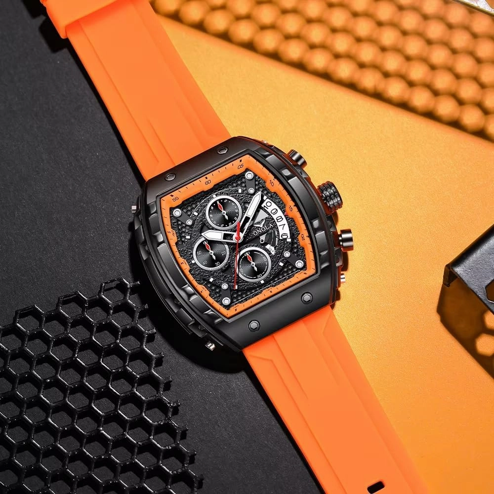 Gosasa Fashion Men's Quartz Watches Tonneau Large Face Silicone Strap Luminous Waterproof Calendar Analog Quartz Multifunctional Casual Sport Watch
