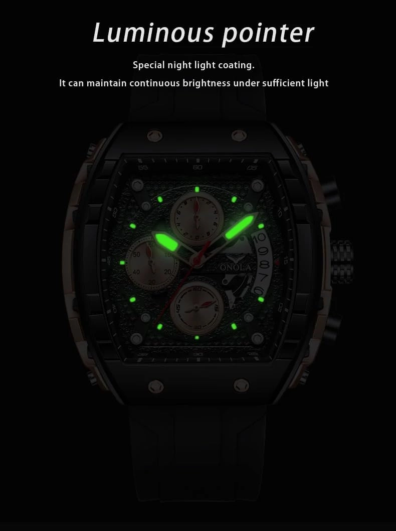 Gosasa Fashion Men's Quartz Watches Tonneau Large Face Silicone Strap Luminous Waterproof Calendar Analog Quartz Multifunctional Casual Sport Watch