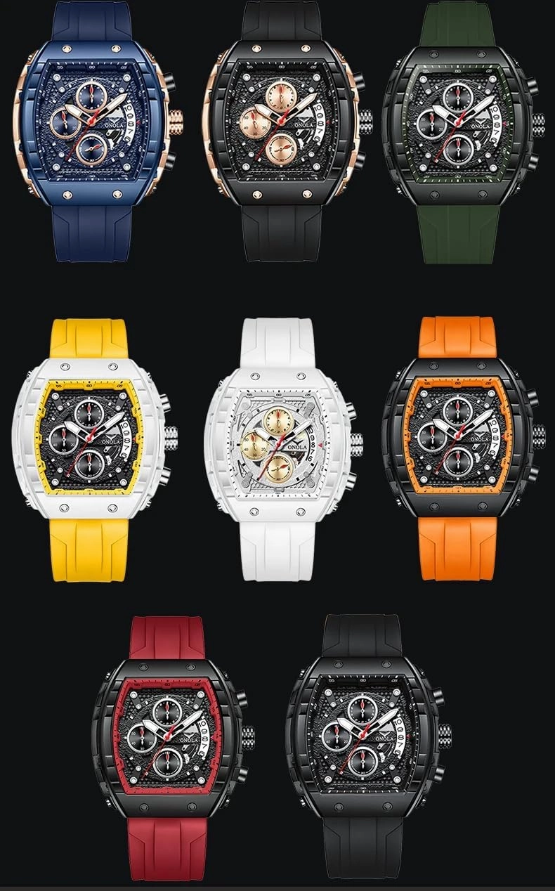 Gosasa Fashion Men's Quartz Watches Tonneau Large Face Silicone Strap Luminous Waterproof Calendar Analog Quartz Multifunctional Casual Sport Watch