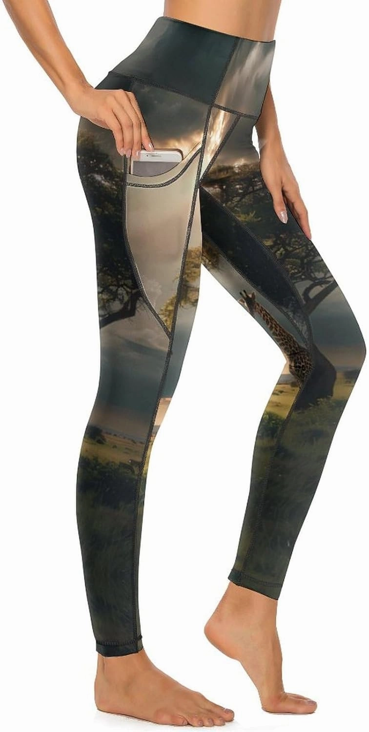 Grassland Giraffes Women's Yoga Pants High Waist Leggings Casual Pants with Pockets for Yoga Gym Workout