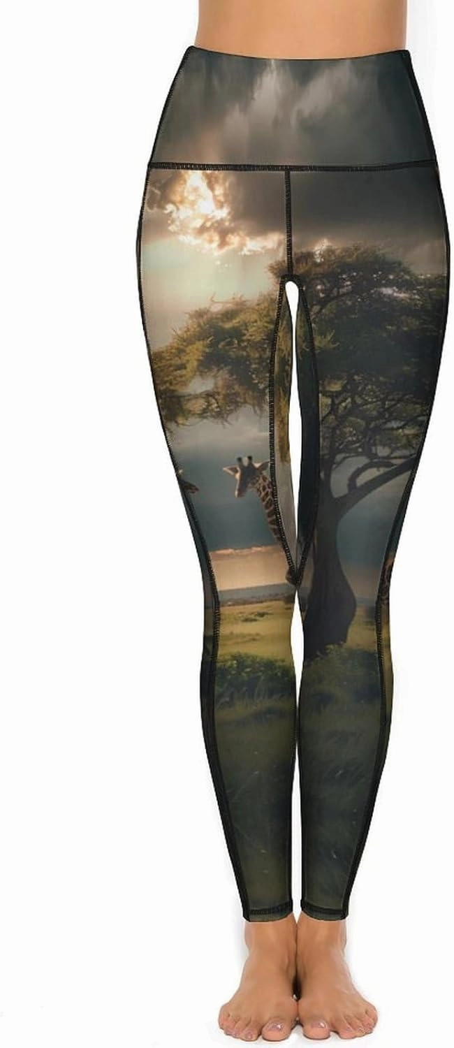 Grassland Giraffes Women's Yoga Pants High Waist Leggings Casual Pants with Pockets for Yoga Gym Workout