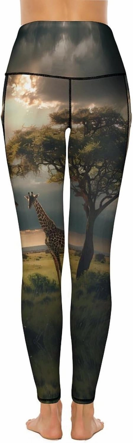 Grassland Giraffes Women's Yoga Pants High Waist Leggings Casual Pants with Pockets for Yoga Gym Workout